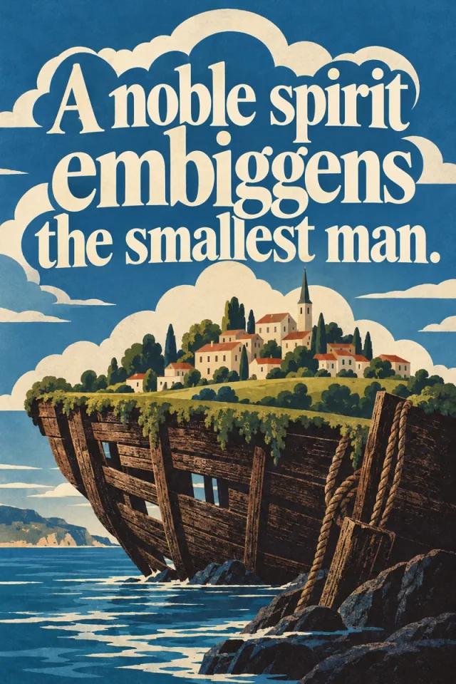 A small idyllic town rests on a weathered wooden ship hull beneath cream lettering and clouds over blue water.
