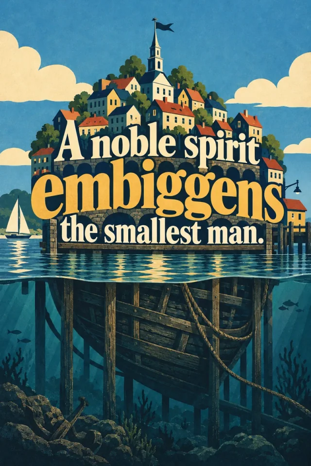 Cream and gold lettering spans a coastal town arcade above the waterline; a concealed wooden ship hull, ropes, seaweed and fish lie beneath.