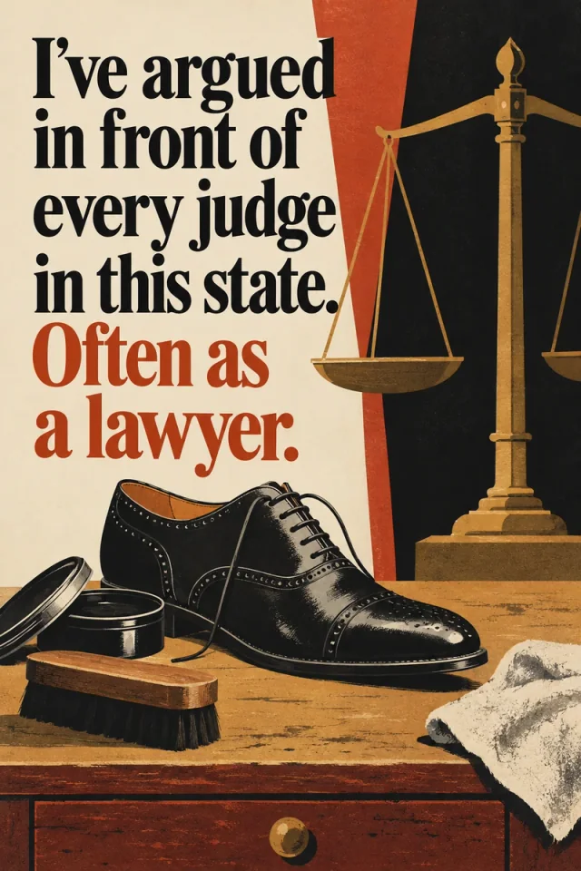 A polished black shoe, brushes and polish dominate the foreground beside an oversized gold balance. Black and rust serif phrases sit on a cream wedge.
