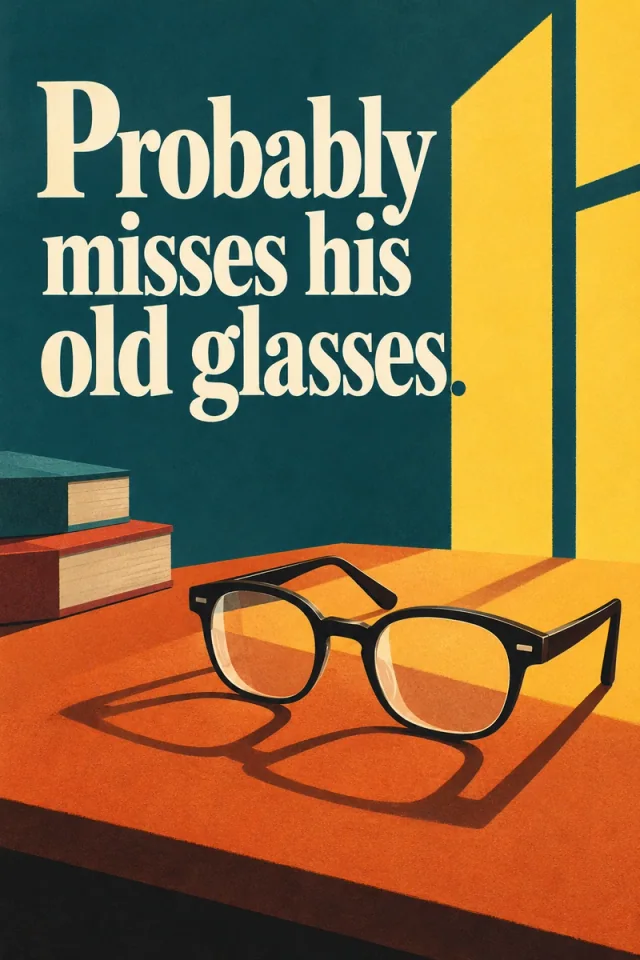 Cream serif lettering fills a teal wall above solid black spectacles, book spines and an orange table crossed by window light. The lens and shadow drawing is polished.