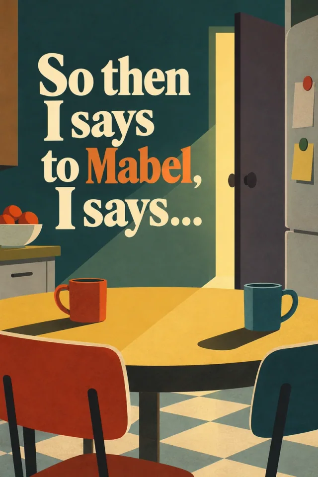 Two opposed chairs and cups flank an empty kitchen table. An open door sends a diagonal light path through the cream and orange conversation fragment on the teal wall.