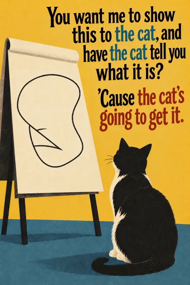 A naturally seated black-and-cream cat looks toward Kirk’s Dignity outline on a cream easel pad. Black and blue serif lettering forms the question; the concluding assertion is predominantly brick red against a warm yellow field, with a blue floor below.