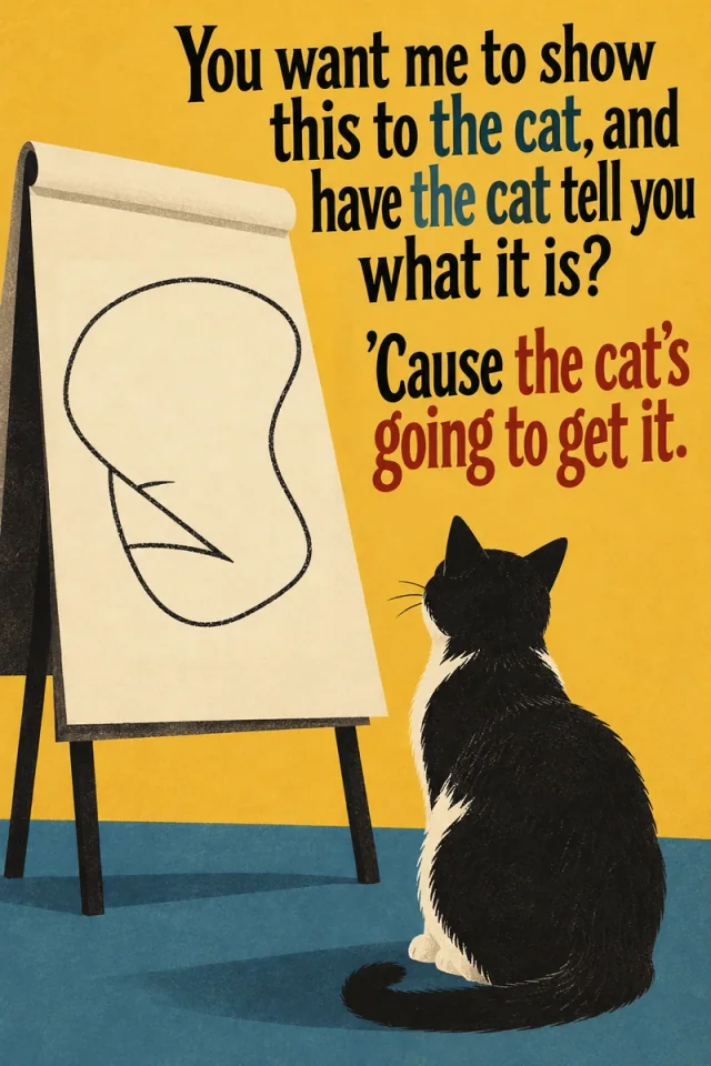 A naturally seated black-and-cream cat looks toward Kirk’s Dignity outline on a cream easel pad. Black and blue serif lettering forms the question; the concluding assertion is predominantly brick red against a warm yellow field, with a blue floor below.