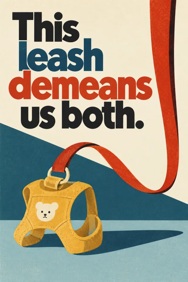 A small yellow infant harness is attached to a large red strap that exits the frame. Heavy black, blue and red text occupies a cream field above angular blue floor shapes.