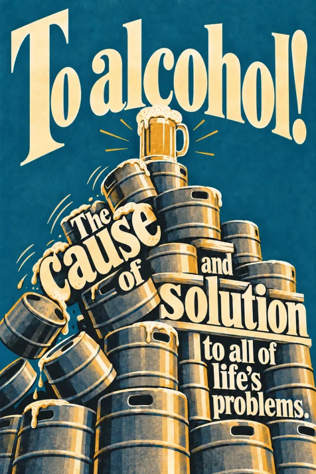 Cream expressive serif lettering and amber beer foam weave through a stack of blue and gold kegs against a textured teal background. A frothing mug crowns the pile; cause and of slope diagonally on the left, with solution and the closing words stacked on the right.