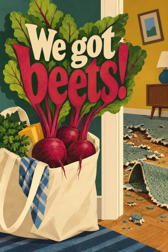 An exuberant leafy beet bouquet grows from a grocery bag, its burgundy stems continuing into the large beets lettering. A doorway sharply divides this abundance from ragged carpet and exposed floor.