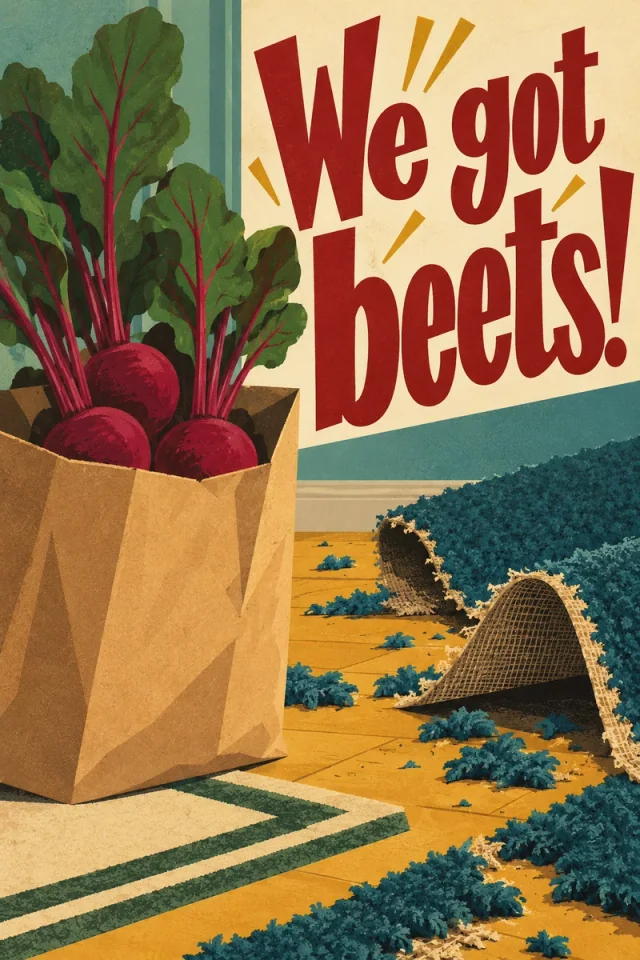A grocery bag and tall beet foliage occupy the left side while huge red lettering rises on a cream field above torn blue carpet. Yellow emphasis marks give the announcement energy.