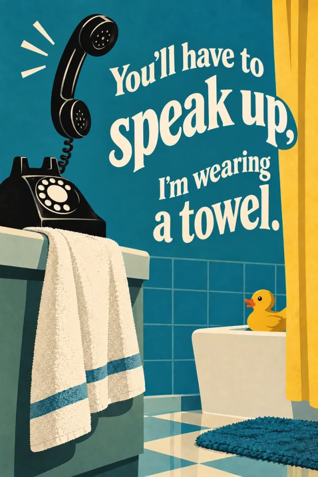 Cream curved lettering fills a blue bathroom beside a black handset connected to its rotary base, a hanging towel, rubber duck and yellow curtain.