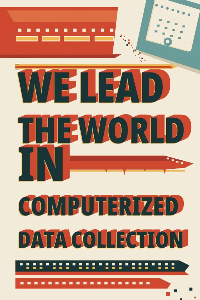 Large red and dark green lettering is surrounded by stylized terminals, rectangular data marks, and parallel red and gold lines on cream.