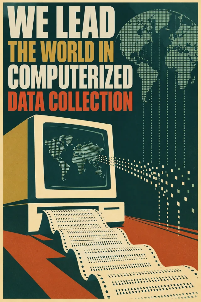 Cream and coral lettering sits above a vintage cream terminal. A green dotted world map appears on the screen and wall, and a long printout unwinds toward the foreground.
