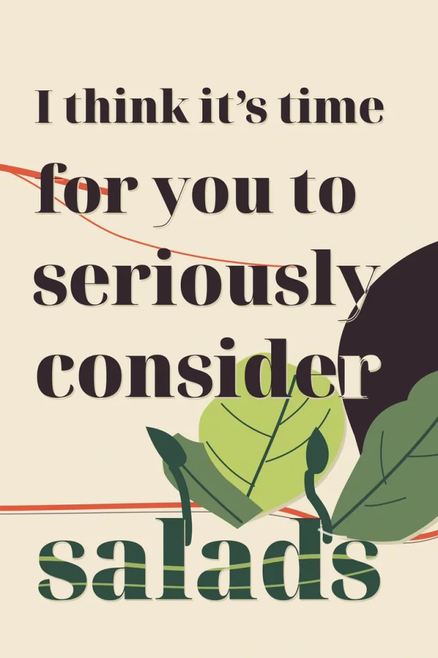 Large dark serif lettering shares a cream field with flat green salad leaves, curved red lines, and a dark plate-like shape.