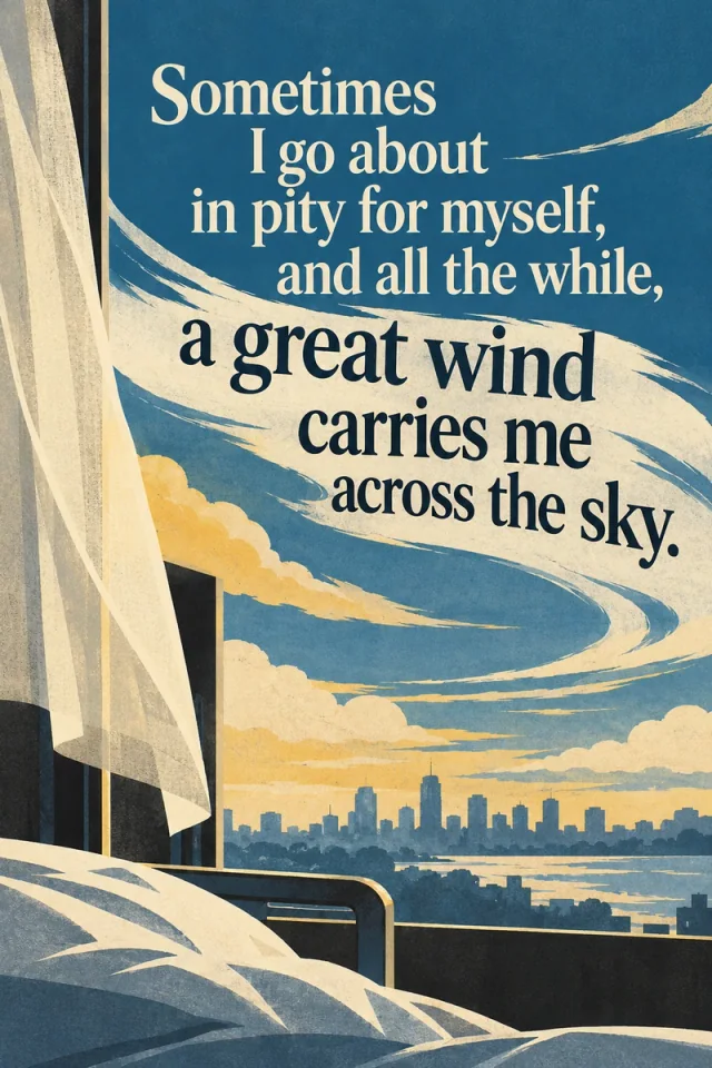 A curtain and bed rail frame a distant city beneath sweeping blue-and-gold sky. Cream opening words give way to dark lettering within the broad wind band, interpreting the saying’s shift from inward worry toward a wider perspective.
