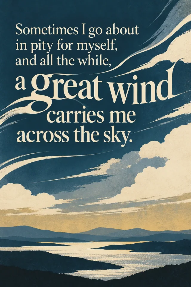 Large cream letterforms extend into sweeping wind above layered mountains and water. A quiet gold horizon balances the deep blue sky, interpreting a movement beyond the circle of private worries.