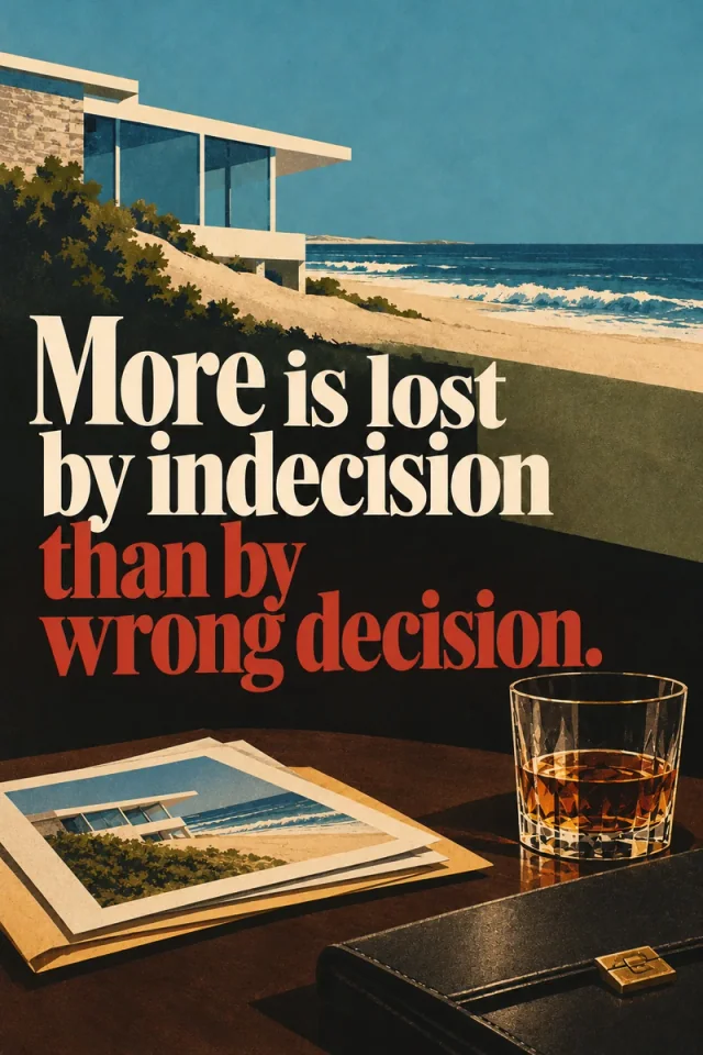 A coastal house and beach above photographs, a briefcase and whiskey, with cream and red serif lettering.