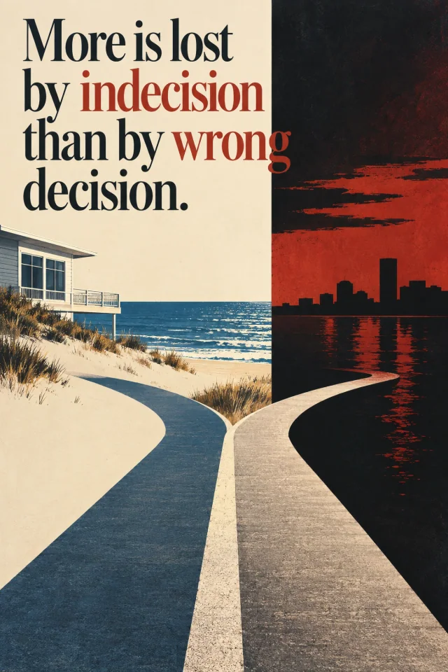 One path splits toward an attractive beach house and a red-black urban horizon.