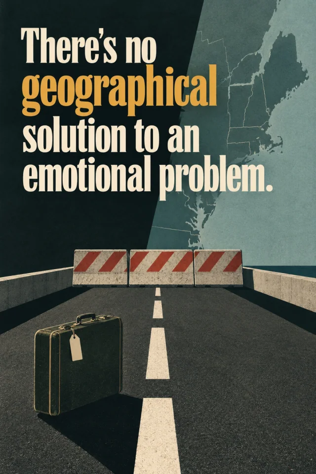 Packed case faces a concrete roadblock below a northeastern map.