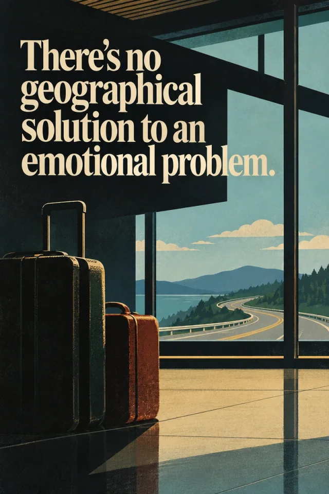 Luggage beside a terminal window overlooks a curving road and lake; the cream quotation fills a dark overhead panel.