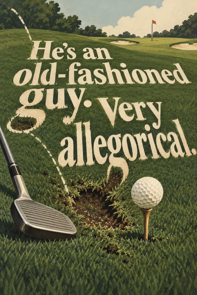 Cream serif lettering crosses a moss-green golf course. Letter descenders open into torn turf beside a fresh divot; a silver iron and a dimpled ball on a wooden tee fill the foreground, with a small flag and bunkers in the distance.