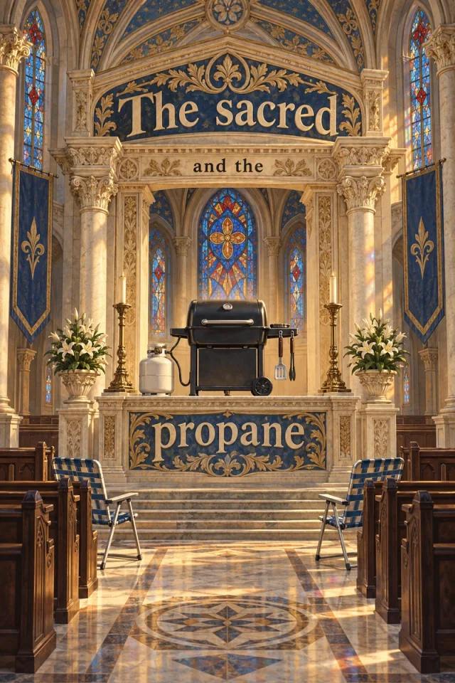 An ornate blue-and-ivory church sanctuary gives a backyard gas grill the position of an altar. A connected propane cylinder, hanging utensils and two folding lawn chairs supply everyday domestic details. The full quotation spans carved architectural panels above and below the grill.