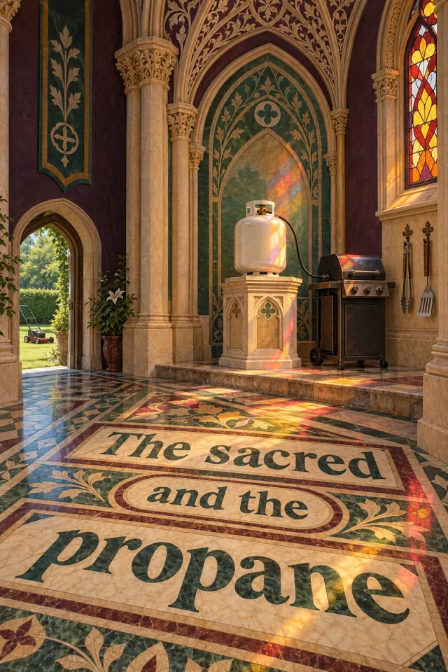 A richly ornamented green-and-plum side chapel elevates a plain propane cylinder on a stone pedestal beside its connected gas grill. Tongs and a spatula hang nearby; a doorway reveals a tidy lawn and resting mower. The full quotation forms a large patterned floor inlay.