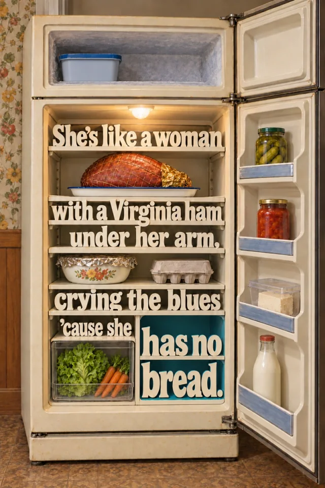 An aged cream top-freezer refrigerator stands open under a warm interior lamp. Large cream serif letters share the shelf fronts, surrounding a ham on an enamel tray, foil-covered floral bowl and stored leftovers. The closing words has no bread fill a contrasting empty blue compartment.