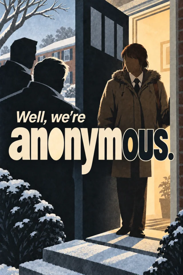A bundled figure stands in a warmly lit doorway while dark silhouettes wait outside among snowy shrubs. Cream lettering spans the cold blue foreground.