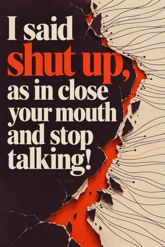 Cream and vivid red letterforms run along a torn dark page. Fine curved lines fan outward over the surrounding parchment, with small red fragments at the tear.
