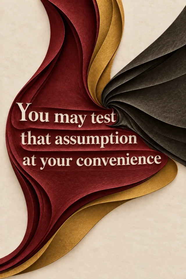 “You may test that assumption at your convenience” in cream serif lettering across sculptural, textured folds in burgundy, mustard, and charcoal.