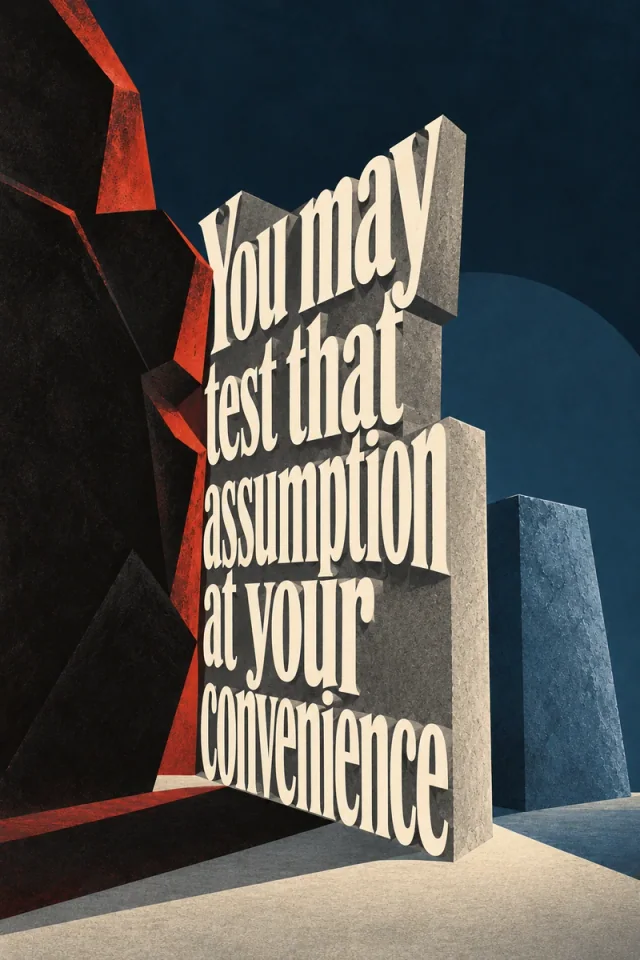Tall cream serif lettering projects from a stepped stone wall. Jagged black forms with red edges press from the left; a shorter blue block stands at the right against a deep navy field. A pale stone foreground holds long angular shadows.