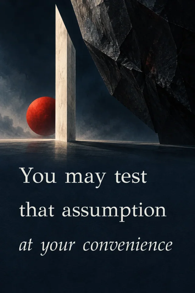 Restrained cream serif lettering lies beneath angular dark rock forms above still water. A red sun contrasts with a narrow pale illuminated face.