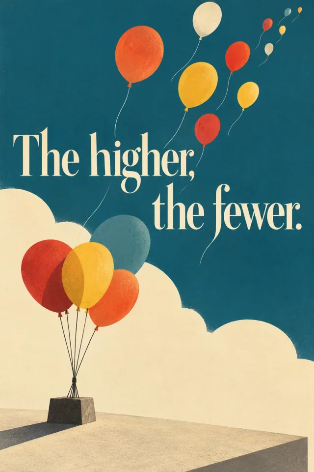 Red, gold and cream balloons rise and become sparser against blue; light serif lettering follows their upward rhythm.