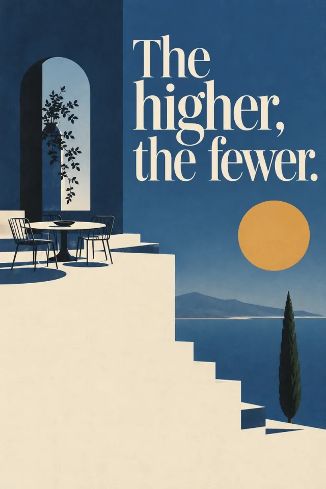 Cream steps descend from a blue arched terrace toward the sea beneath a gold sun and cream serif lettering.