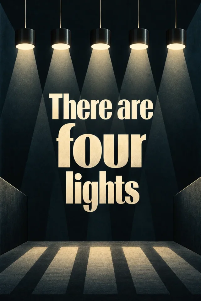 Exactly five cylindrical hanging lamps illuminate a dark chamber. A centered three-line cream quotation emphasizes the word four above five pale floor bands.
