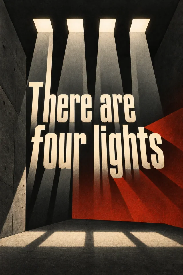 Four cream rectangular lights cast pale bands into a charcoal chamber. Large cream lettering faces a rust-red diagonal field that breaks around its strokes.