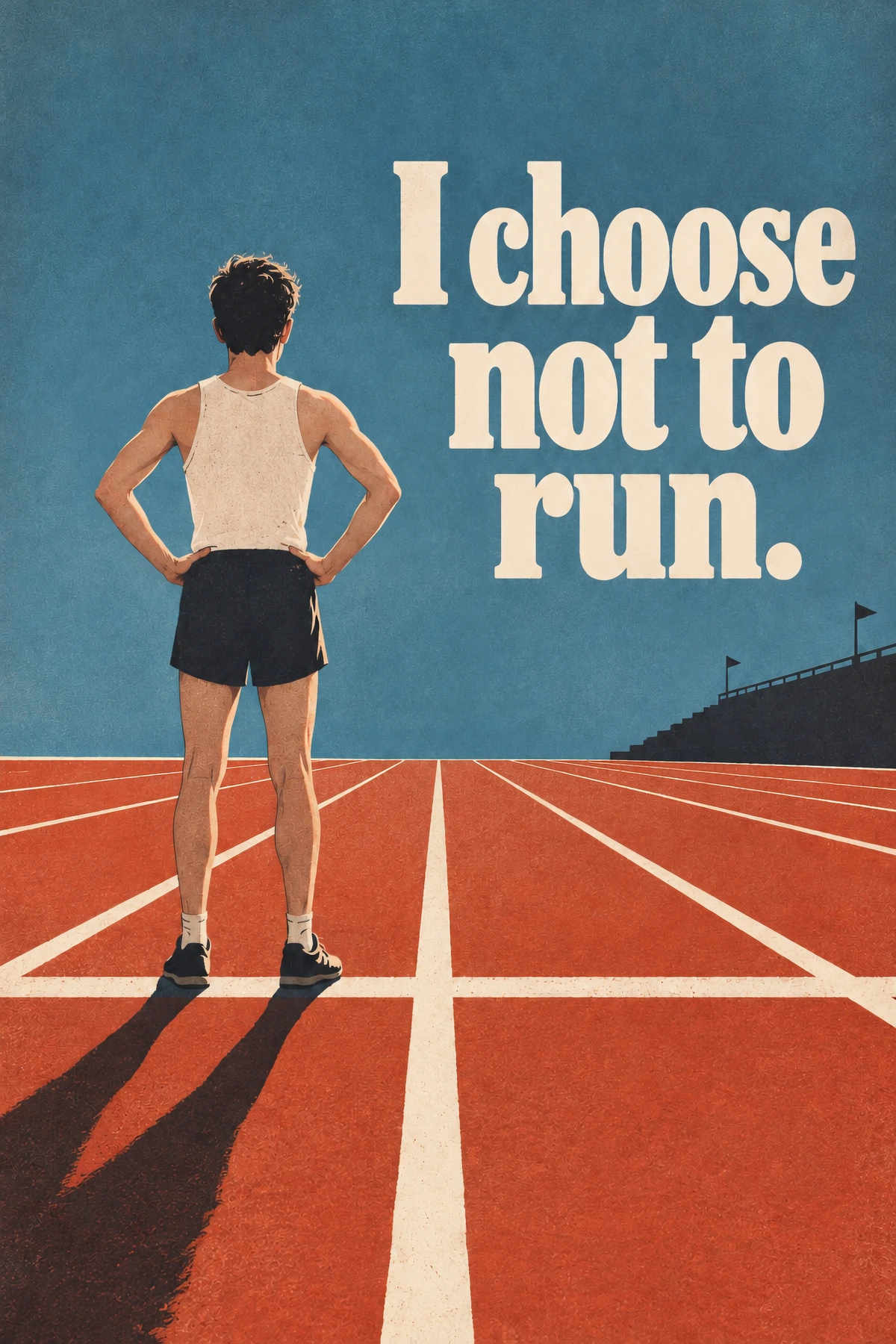 Stationary back-view man refuses the empty track's forward perspective.