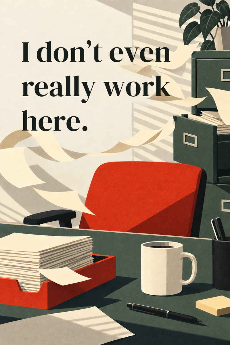 An empty red office chair, filing cabinet, desk papers and a coffee mug beneath black serif lettering on cream.