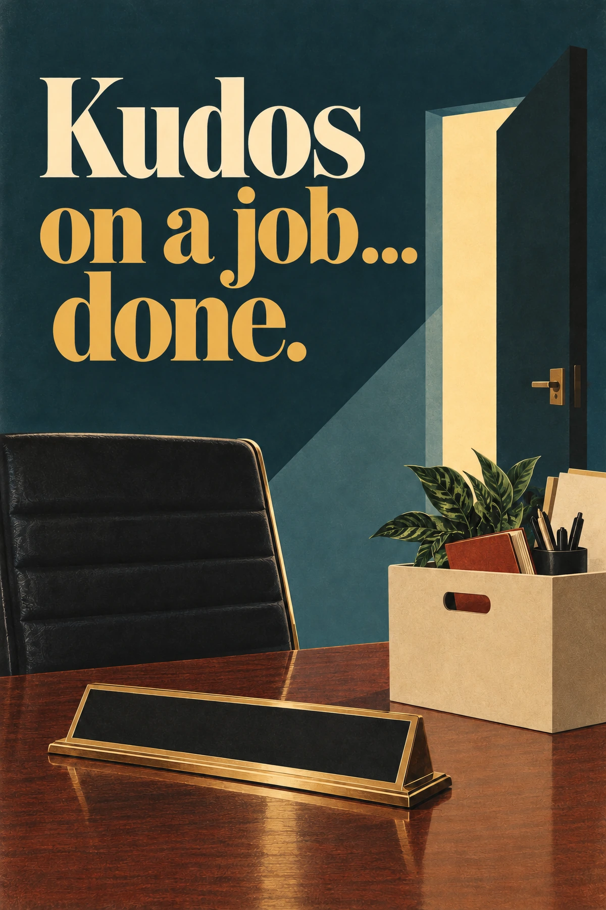 Empty executive chair, blank brass nameplate, packed desk box and an open doorway balance cream and gold serif lettering on a dark teal field.