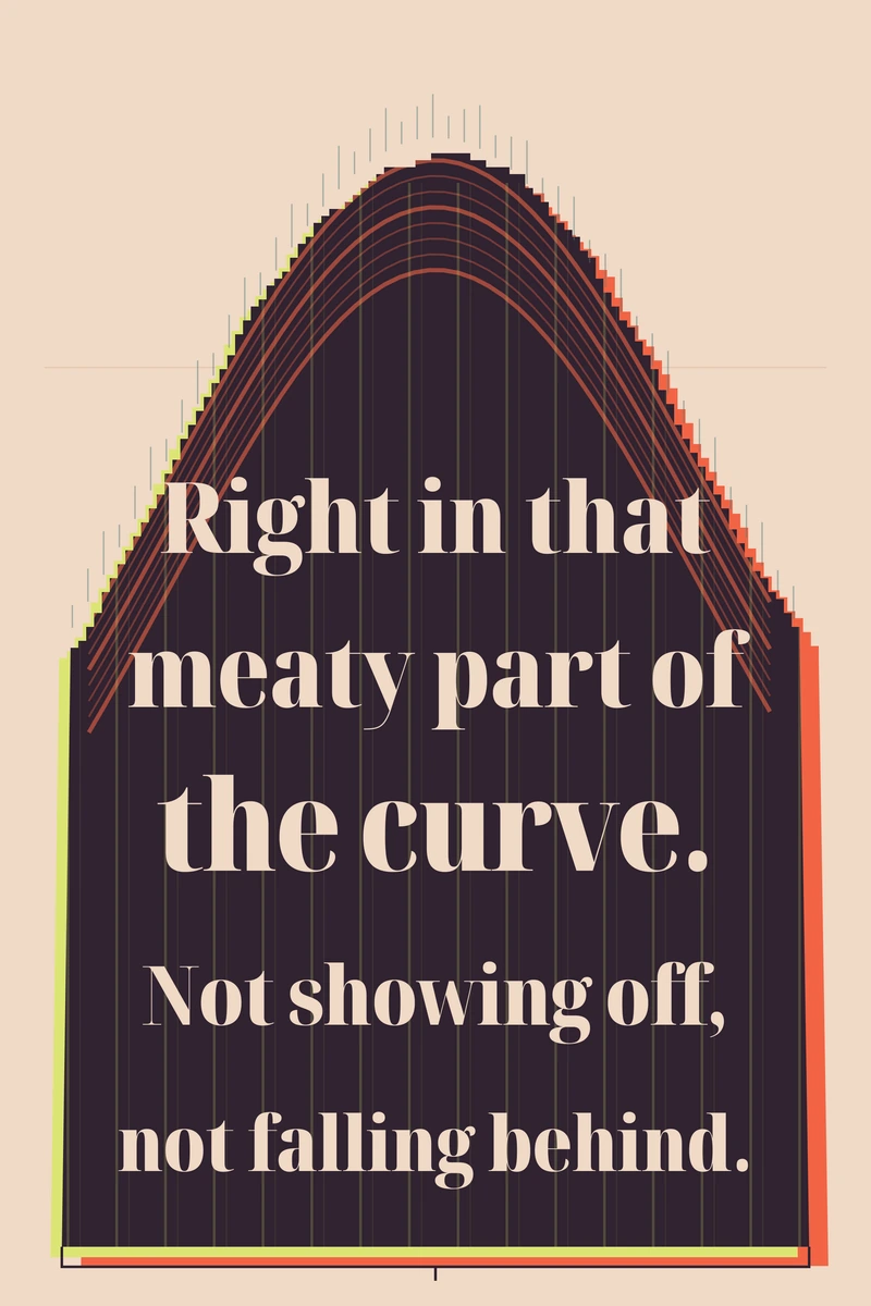 A dense series of narrow colored vertical lines forms a rounded dark bell curve around large cream serif lettering on pale peach.