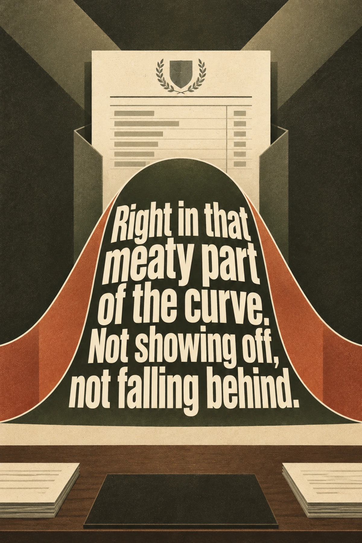 A red and olive bell curve bears cream italic lettering on a large office report. Smaller papers, a desk edge, and a certificate-like heading surround it.