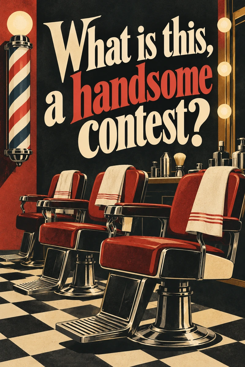 Three empty red barber chairs, a striped pole and tiled floor sit beneath slanted cream and red serif lettering.