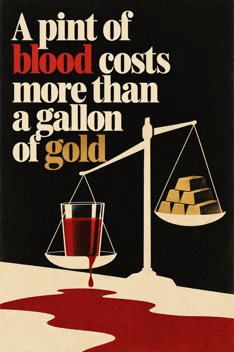 A balance dips toward a glass of blood below an elevated stack of gold; cream, red and gold type sits over a spreading red pool on black.