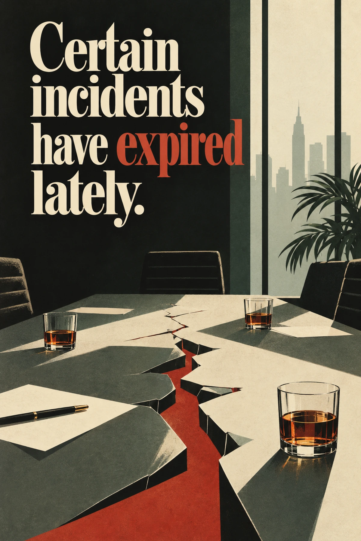 A red fracture divides a meeting table while wording claims expiry.