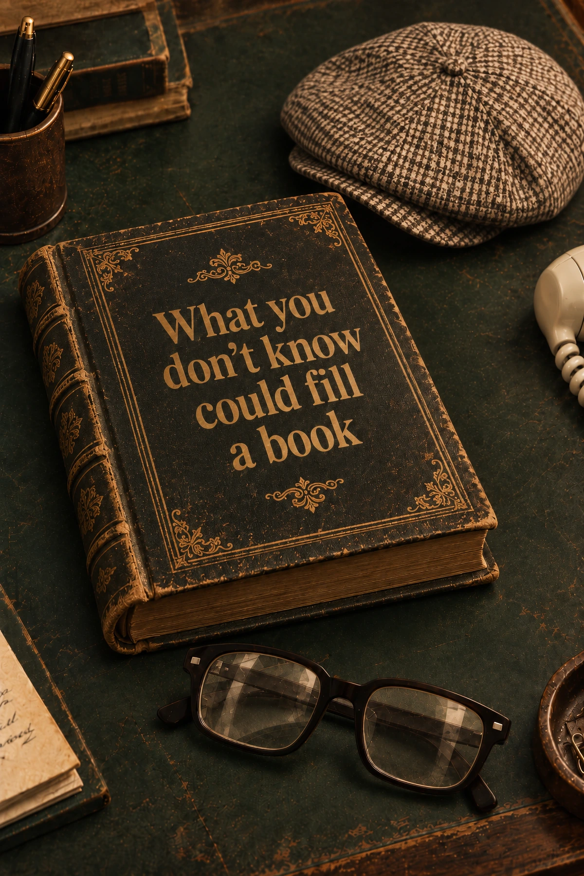 Gold lettering sits on a worn leather book among a patterned cap, a magnifying glass, spectacles, papers, and desk objects in warm shadow.