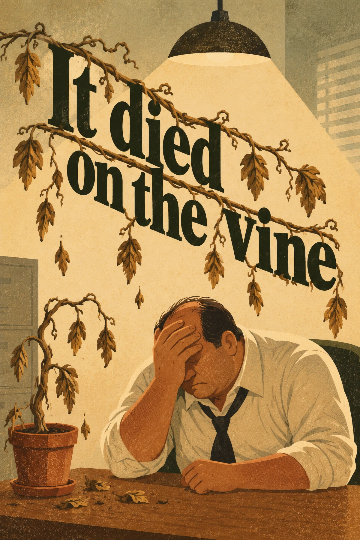 Heavy dark lettering intertwines with a withered vine above a seated man holding his forehead. A pendant light and muted tan and green textures frame the scene.