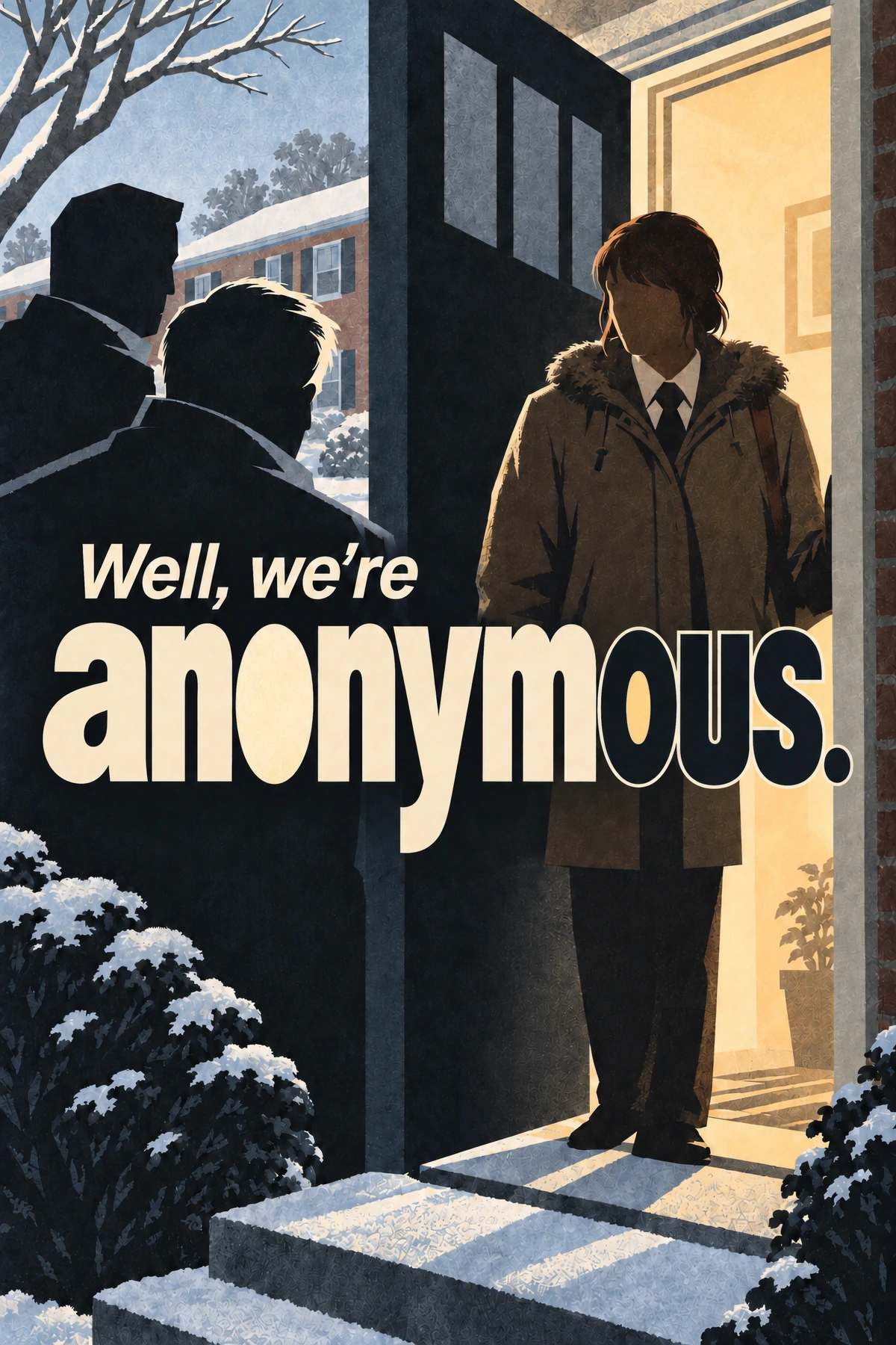A bundled figure stands in a warmly lit doorway while dark silhouettes wait outside among snowy shrubs. Cream lettering spans the cold blue foreground.