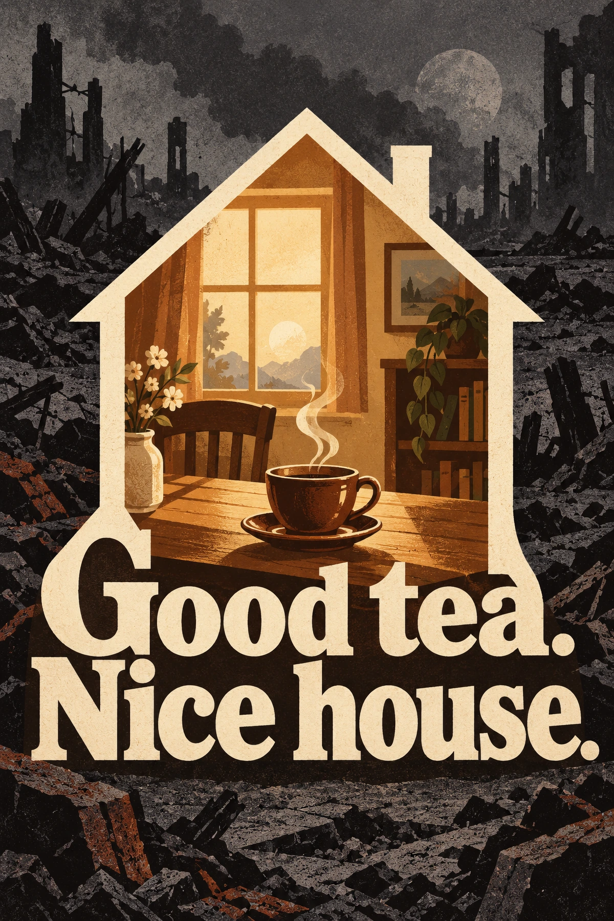 A golden house-shaped opening holds a teacup and peaceful interior within a charcoal ruined city. Heavy cream lettering spans the lower portion.