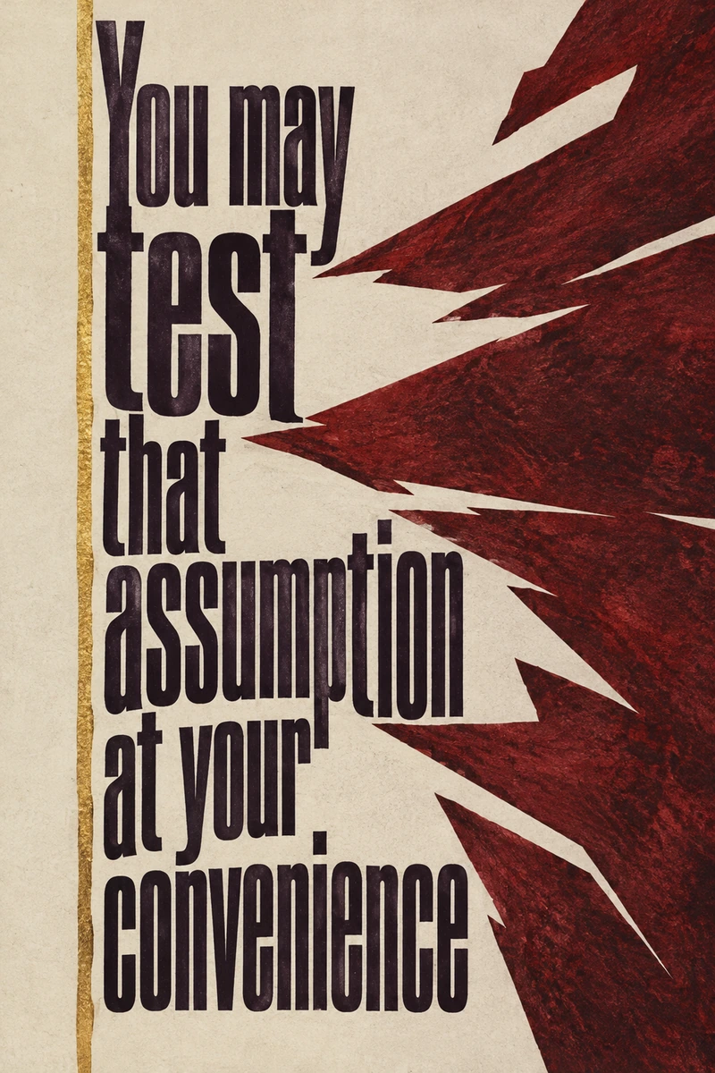 “You may test that assumption at your convenience” in tall dark plum lettering on cream, alongside angular burgundy shards and a narrow gold stripe.