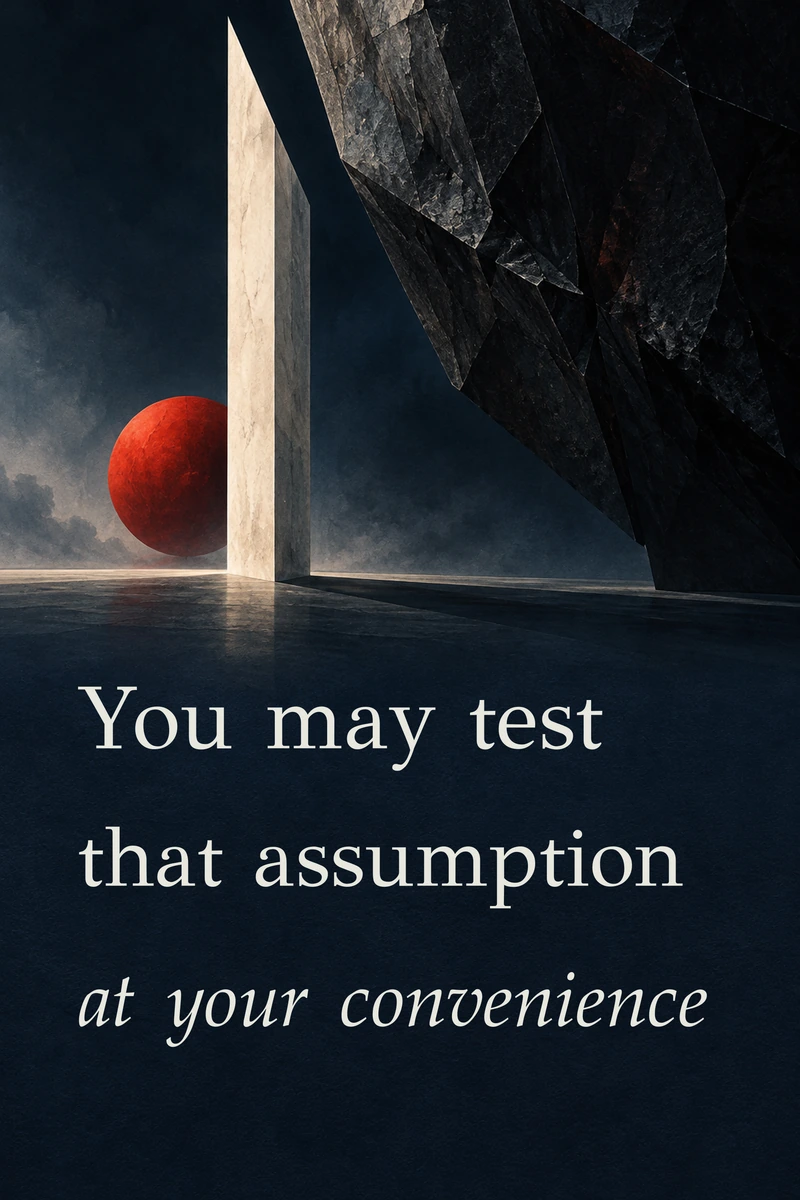 Restrained cream serif lettering lies beneath angular dark rock forms above still water. A red sun contrasts with a narrow pale illuminated face.